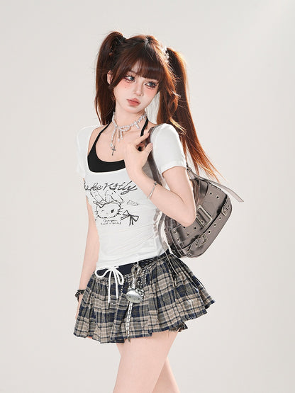 Top T-shirt Halter Print Set Bunny Red/White Neck Black with