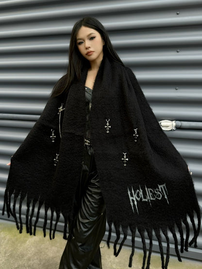 Punk Black Letters Pattern Cross Charms Adorned Knit Scarf Fringe Hem