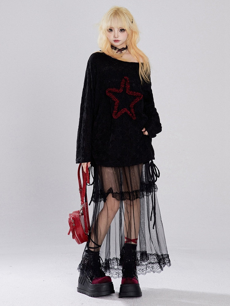 Black Star  Long Sleeves Drawstring T-shirt