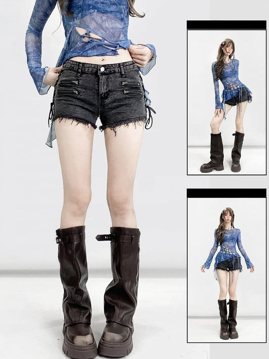 Lace-up Glamorous Black Detail Shorts Denim Bittersweet Hem Raw
