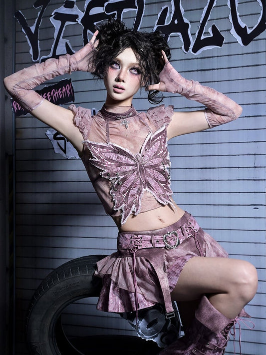 Gradient Style Choker Punk Embroidery Rhinestone Pink Denim Y2K Corset Cross Butterfly  with Pastel Fairycore
