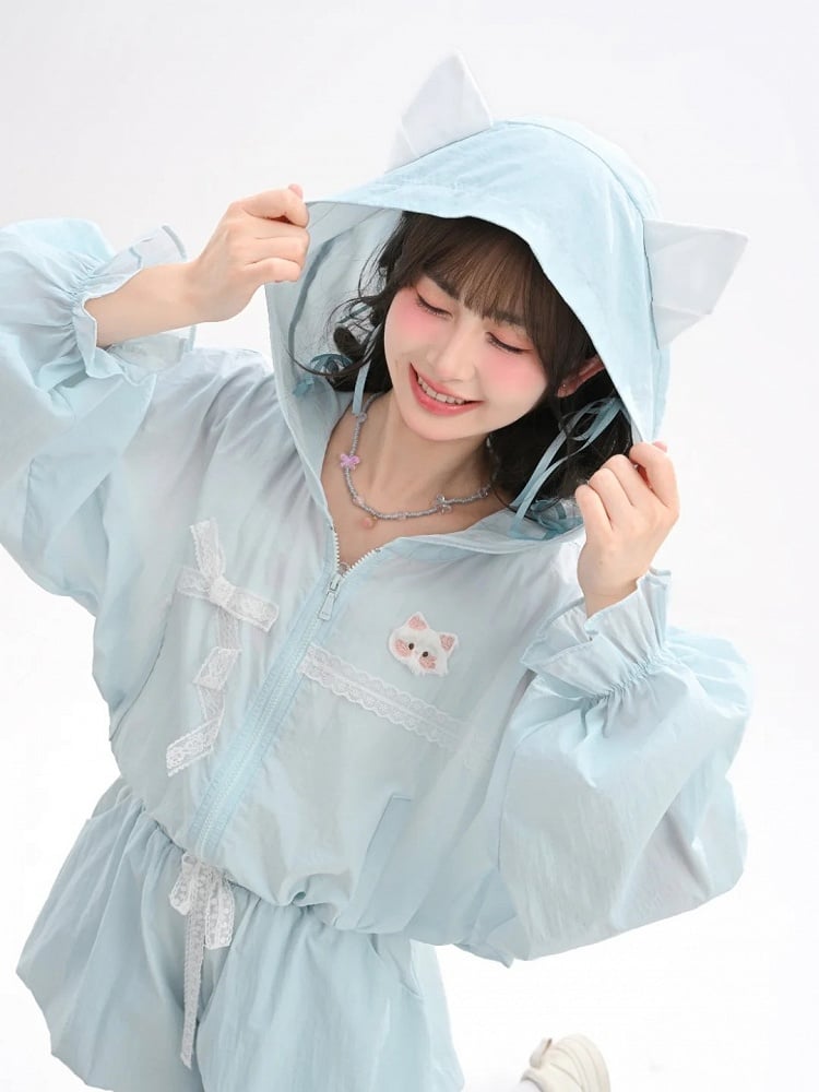 Kawaii Kapuze Spitze Schleife Sonnenschutz Jacke Blau Kitty Ohren Design Yume