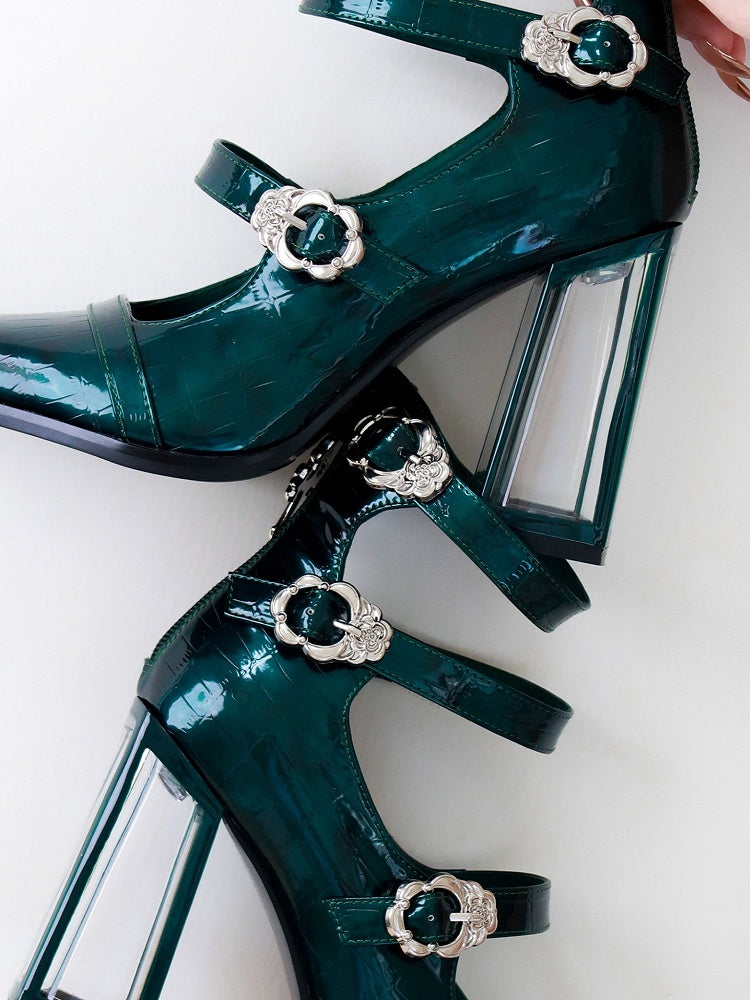 Polished Green Gothic Crocodile Buckle Straps High Block Heels