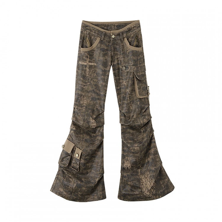 Dusty Grey CamoLow-waist Distressed Flared Cargo Pants