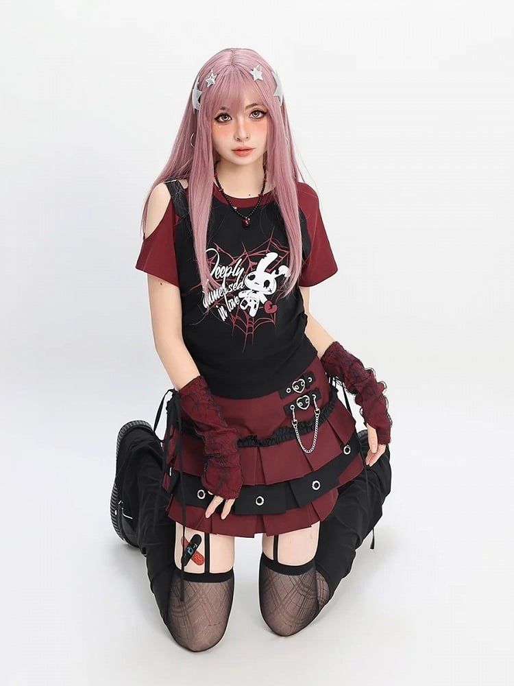 Free Red/Pink/Purple with T-Shirt Print Sleeves Y2K Cutout Shoulder Spiderweb