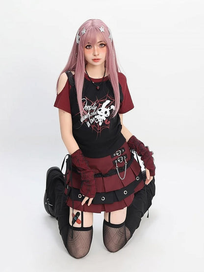 Free Red/Pink/Purple with T-Shirt Print Sleeves Y2K Cutout Shoulder Spiderweb