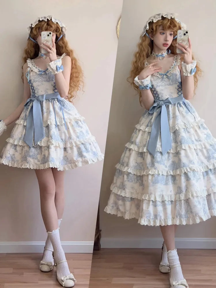 Print Hem Jumper Skirt Grapes Blue Lolita Detachable