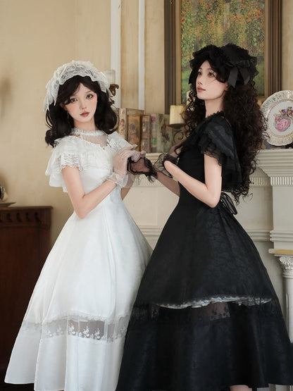 Shawl White Rose Black with Brooch / Tulle