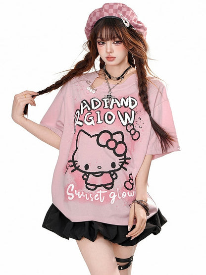 Lockeres T-Shirt mit Kätzchen-Print in Rosa/Weiß