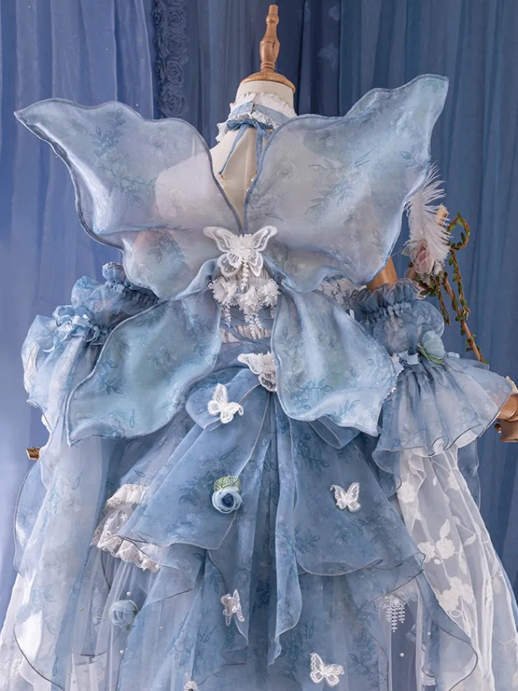 Full Princess Floral Butterfly Set Design Blue JSK Fairycore Lolita Dress