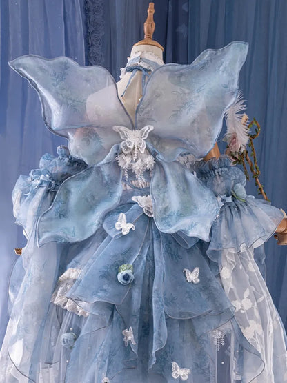 Full Princess Floral Butterfly Set Design Blue JSK Fairycore Lolita Dress
