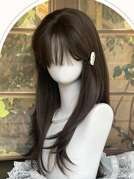 Brown Long Straight Synthetic Wig With Bangs