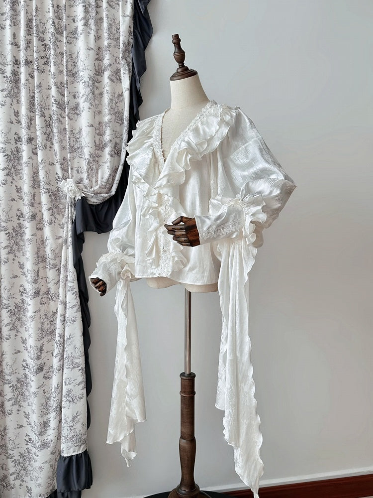 Long Ruffles Sleeves V-neck Shirt Gothic White Structured Lolita