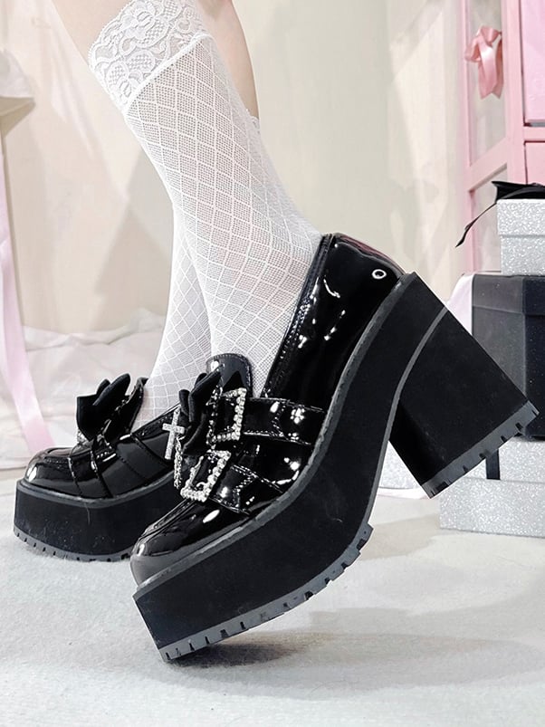 Black Polished Cross Decorated Bow Kei Rhinestoned Platform Buckles Loafers Jirai Chain