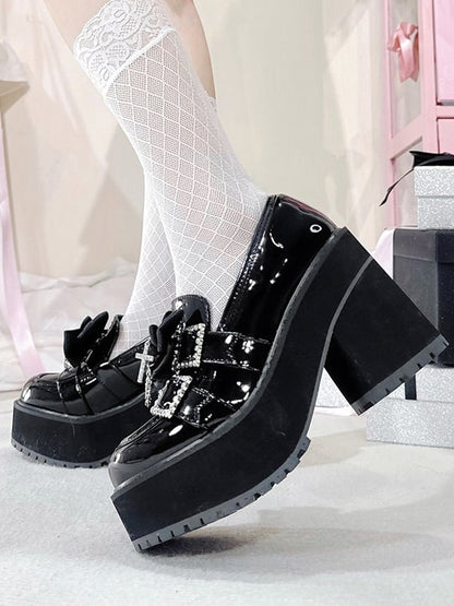 Black Polished Cross Decorated Bow Kei Rhinestoned Platform Buckles Loafers Jirai Chain
