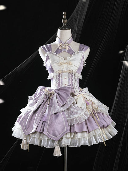 Robe Lolita Qi à taille corset violette avec gros nœud à la taille