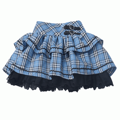 Blue Heart Black Plaid Pattern and Tiered Skirt Buckles Lace Trim Idol
