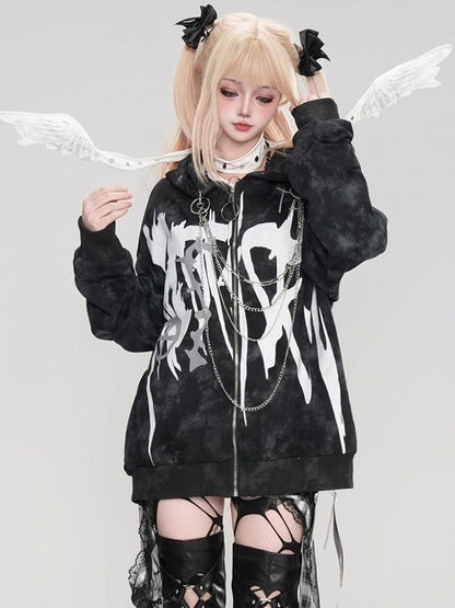 Punk Black Letters Print Chain Zip Hoodie