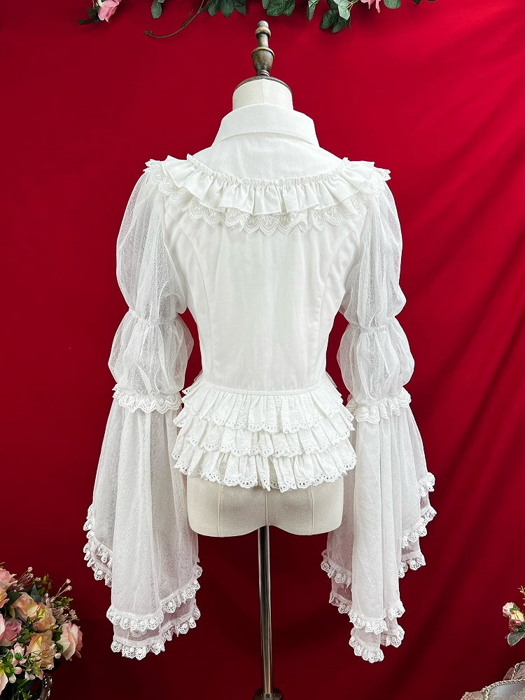 White Bell Sleeves Tiered Scalloped Eyelet Trim Hemline Blouse with Lace Jabot Tie