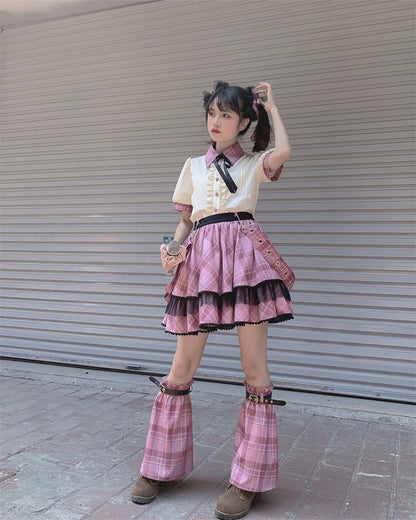 Contrast Pink Plaid Trim Beige Idol Lolita Blouse with Lace-up Detail at Back