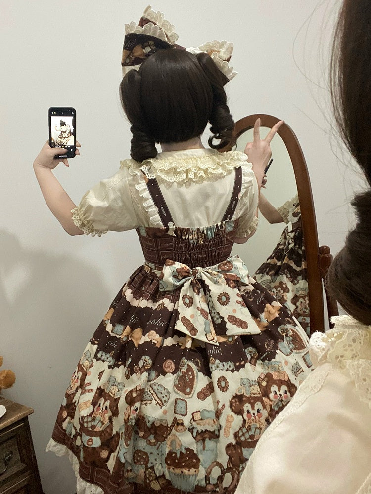 ブラウンの子犬プリントウエストロリータふわふわでかわいいクッキーハイジャンパースウィートスカート