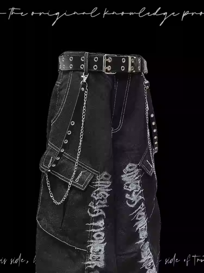 Jeans Black Punk Print Vintage Wide-Leg Cargo