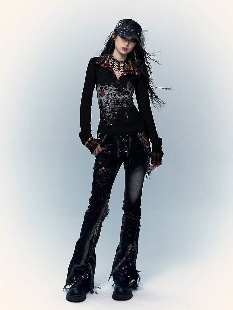 Straight-Leg Flare Black Punk Distressed Holes Jeans with Red Plaid Patchwork