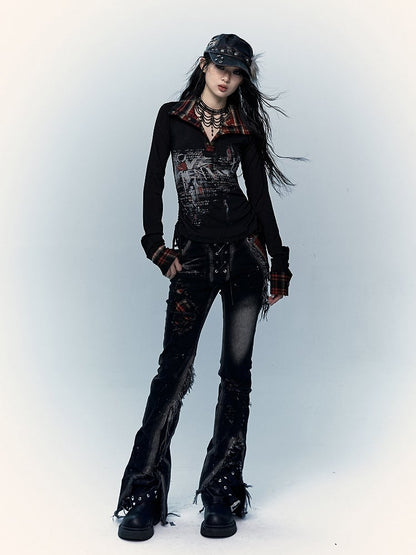 Straight-Leg Flare Black Punk Distressed Holes Jeans with Red Plaid Patchwork