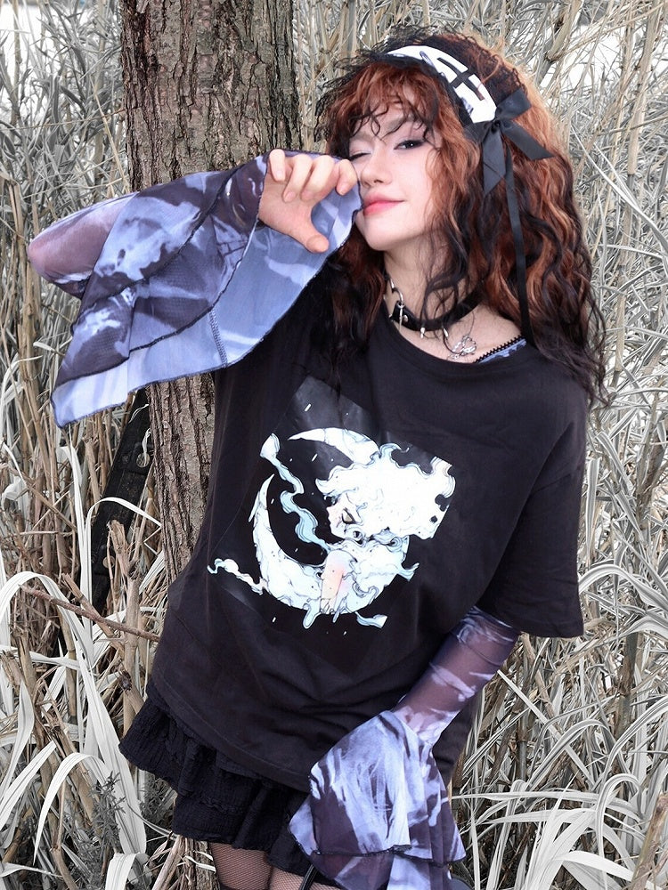 Print T-shirt Black Short Gyaru Cartoon Fashion Sleeves