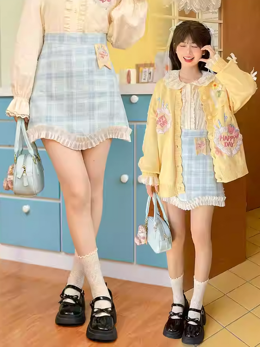 Ruffled Lace Trim Blue  Embroidery White Strawberry Cake Plaid Skirt