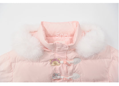 Pink Cute Bear and Kitty Plush Trim Hooded Down Coat