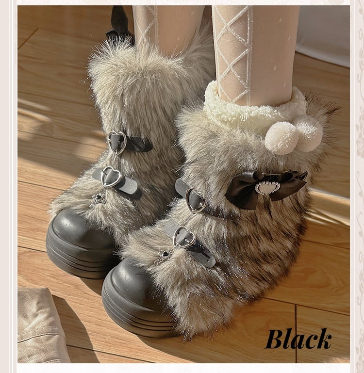 Black Heart-shaped Buckle Bow Shaggy Boots