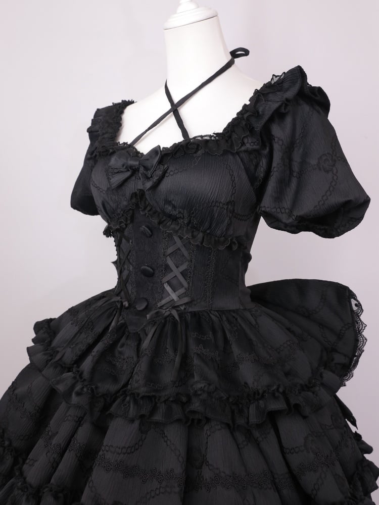 Black Princess Corset Waist Dress Ruffle Skirt