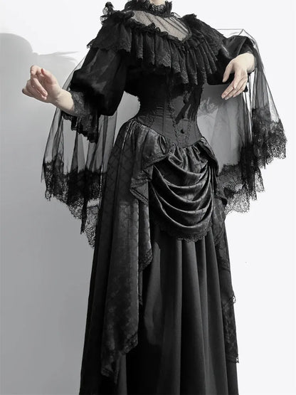 Schwarzer Korsett-Taillenrock mit Knochen und hoher Taille, Aristokratischer Gothic-Lolita-Rock