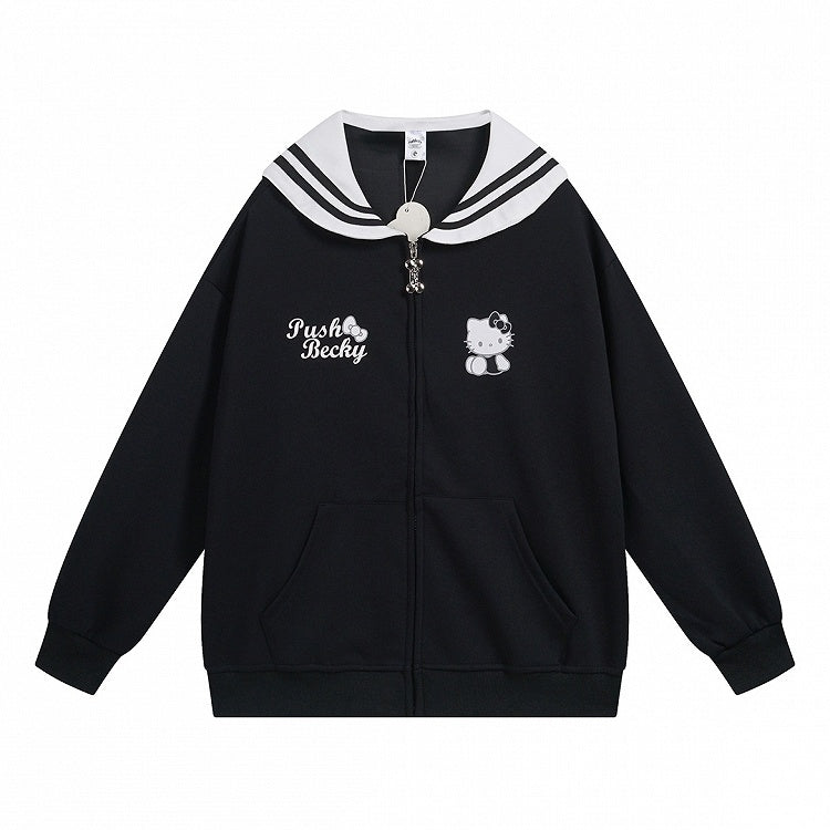 Pink/Light Blue/Grey/Black Kitty Print Sailor Collar Zip Closure Thick Sweatshirt