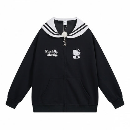 Pink/Light Blue/Grey/Black Kitty Print Sailor Collar Zip Closure Thick Sweatshirt