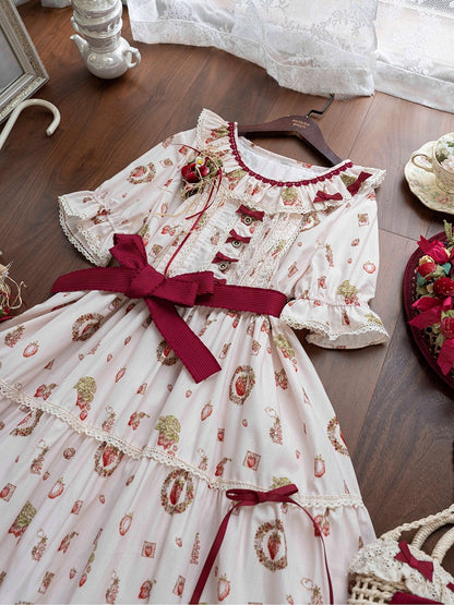 Strawberry Print Pink House Beige Short Sleeves Lolita Dress