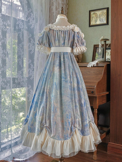 Piece Lolita Maxi One Dress Waist Elegant Classic Painting Blue Empire Oil Print