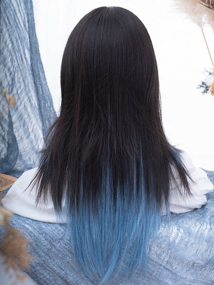 Black and Blue Highlights Long Straight Synthetic Wig With Bangs