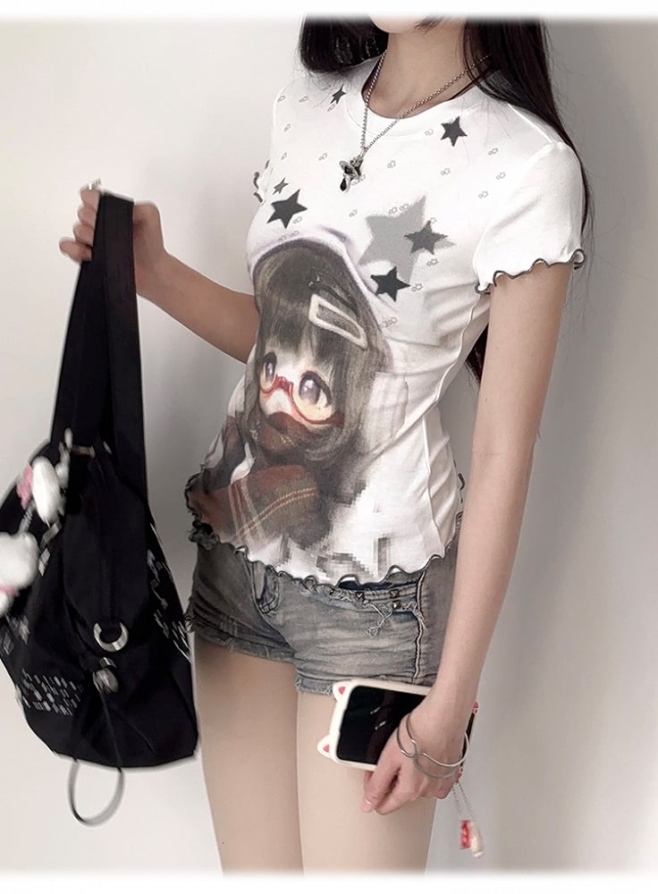 T-shirt Hem Star Print White BJD Ruffled Doll and