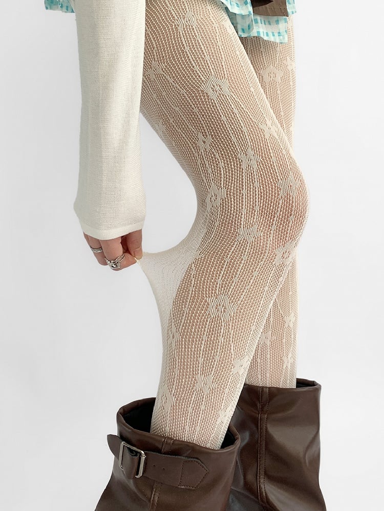 Beige Design Floral Details Hollow-out Tights