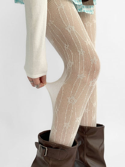 Beige Design Floral Details Hollow-out Tights