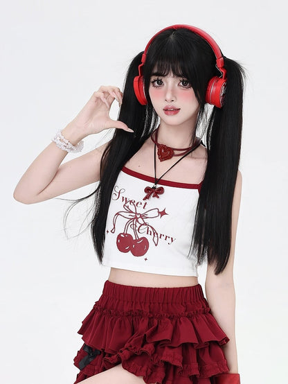 Red/Black Cherry Print Cropped Cami Top Purple White