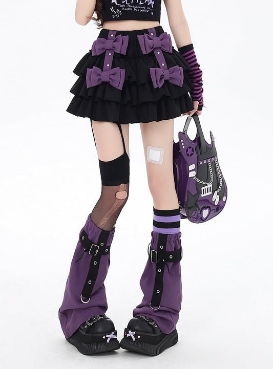 Purple Lined Leg Warmers Tiered Skirt with Criss-cross Bowknots Strap Black