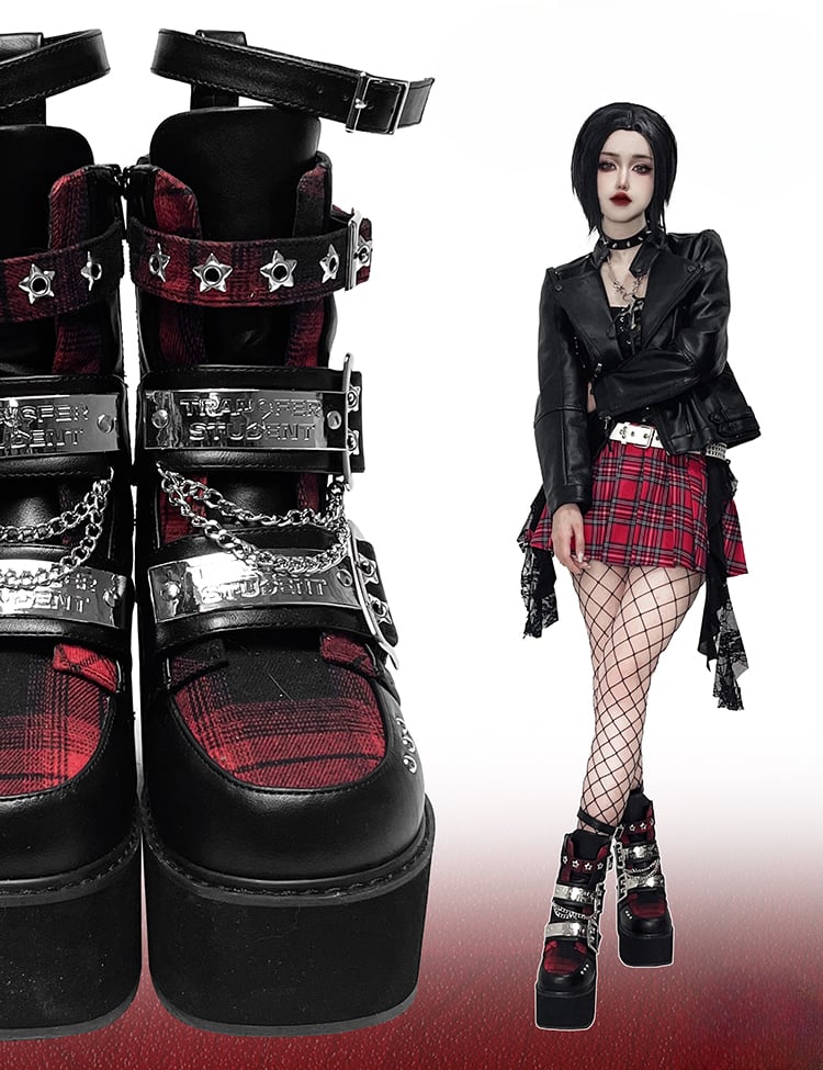 Black & Red Punk Rectangle Metal Plates Buckle Straps  Platform High Block Heels with Studs and Chain