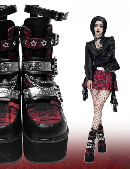 Black & Red Punk Rectangle Metal Plates Buckle Straps  Platform High Block Heels with Studs and Chain