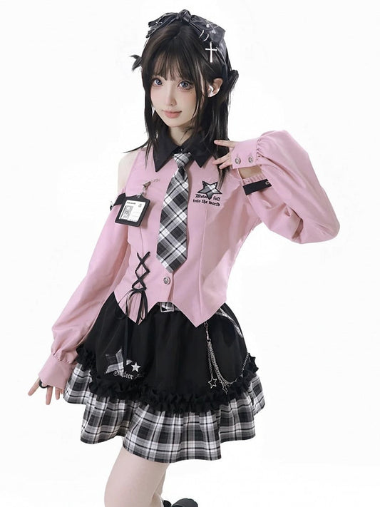 Chain Idol with Detachable Tiered Plaid Skirt Belt Black Waist Punk