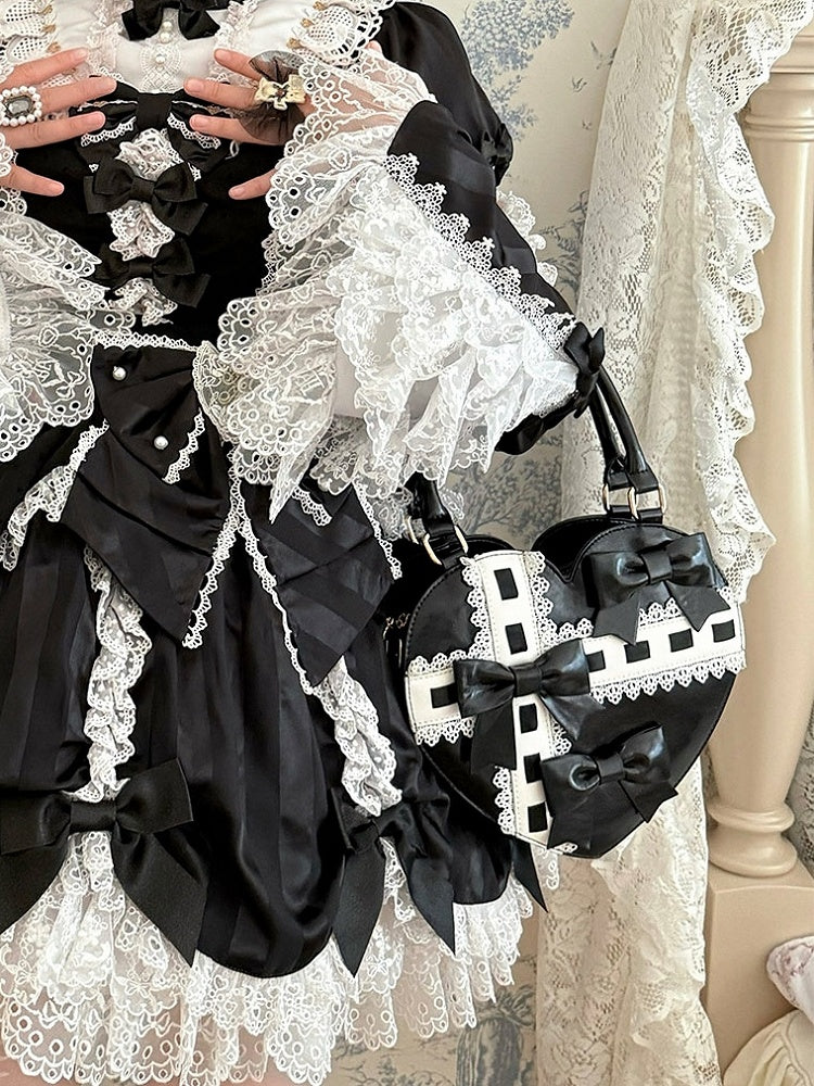 PU Hem Bow Sweet Straps Heart-shaped Hand Accents Bag Black Scalloped - Lolita