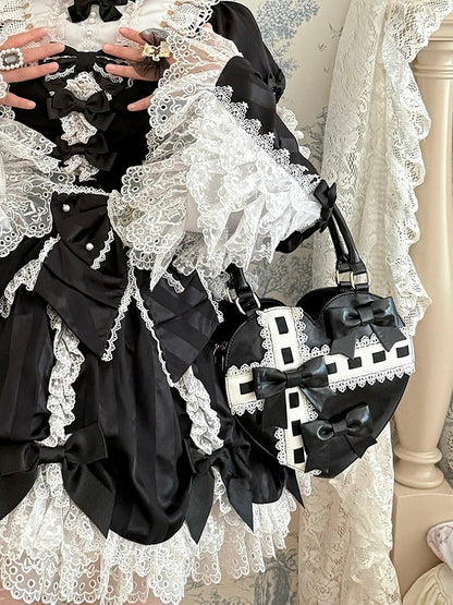 PU Hem Bow Sweet Straps Heart-shaped Hand Accents Bag Black Scalloped - Lolita