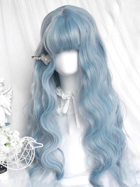 Light Blue Under Bust Length Wavy Wig With Full Bangs